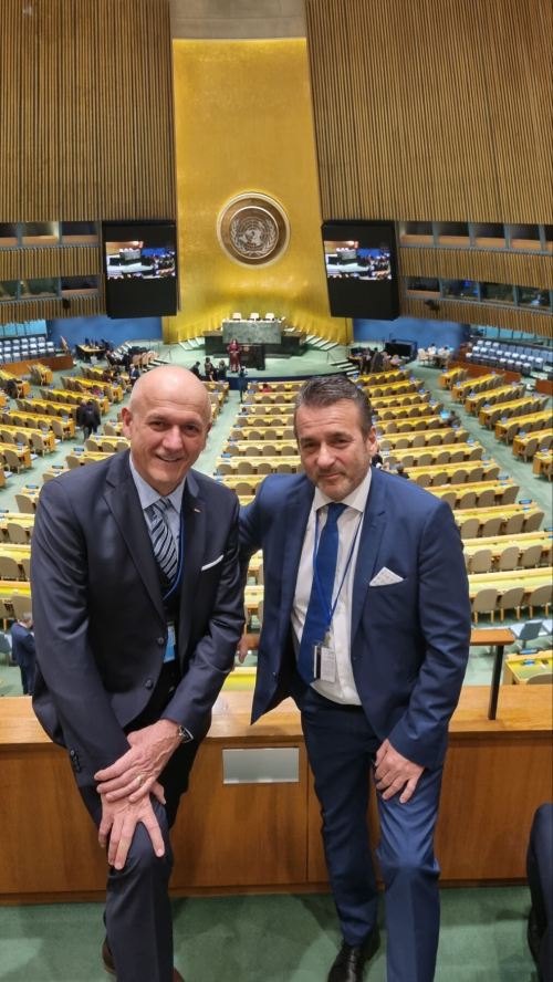 President Dr. Károly Kovács and Róbert Forintos Co-President of HWP at the UN 2023 Water Conference assembly hall
